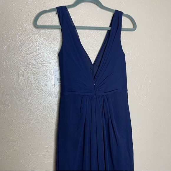Davids Bridal faux wrap pleated chiffon maxi v neck dress marine navy - Picture 7 of 14